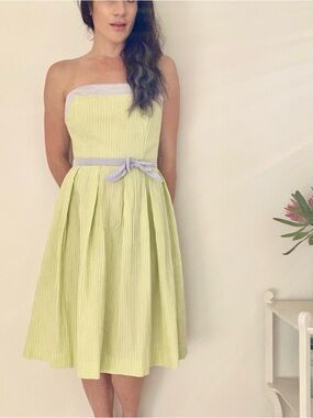 Talbots Strapless Lime-Striped Dress with Lilac Trim